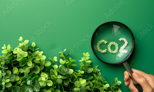 Magnifier glass with CO2 reduction on green background for decrease CO2 , carbon footprint and carbon credit to limit global warming from climate change in Kyoto Protocol 2050 concept.