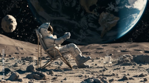 Professional photo of an astronaut sitting on a camping chair on the moon holding a coffeecup, small planet earth in the background, generated with AI photo