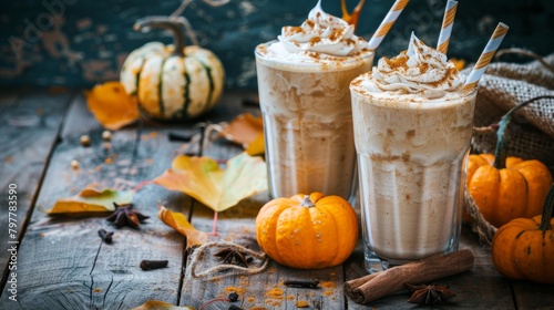 Homemade spicy pumpkin milkshake on rustic background.