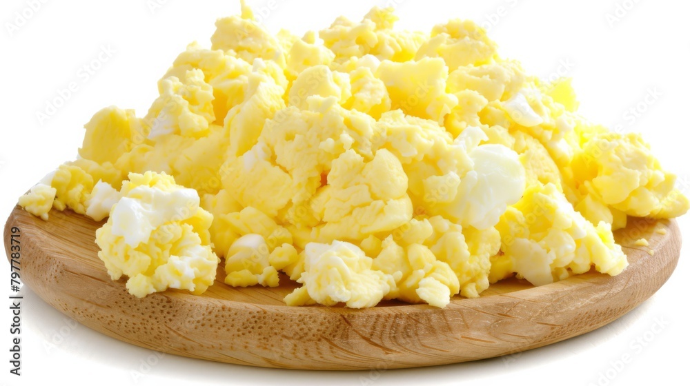 Scramble eggs on a wood plate, brunch breakfast style, generated with AI Scramble eggs on a wood plate, brunch breakfast style, generated with AI