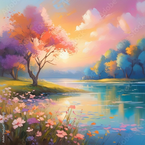 A lake at dusk painted in pastels. Flowers bloom and trees sway along the shore.