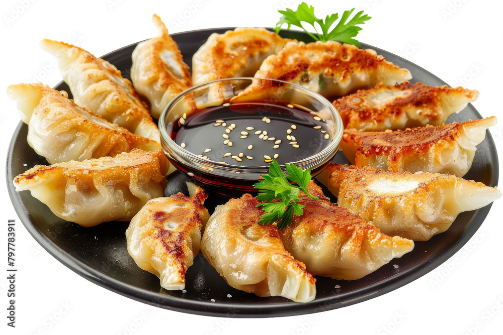 A plate of dumplings surrounded by a variety of dipping sauces, ready to tantalize the taste buds