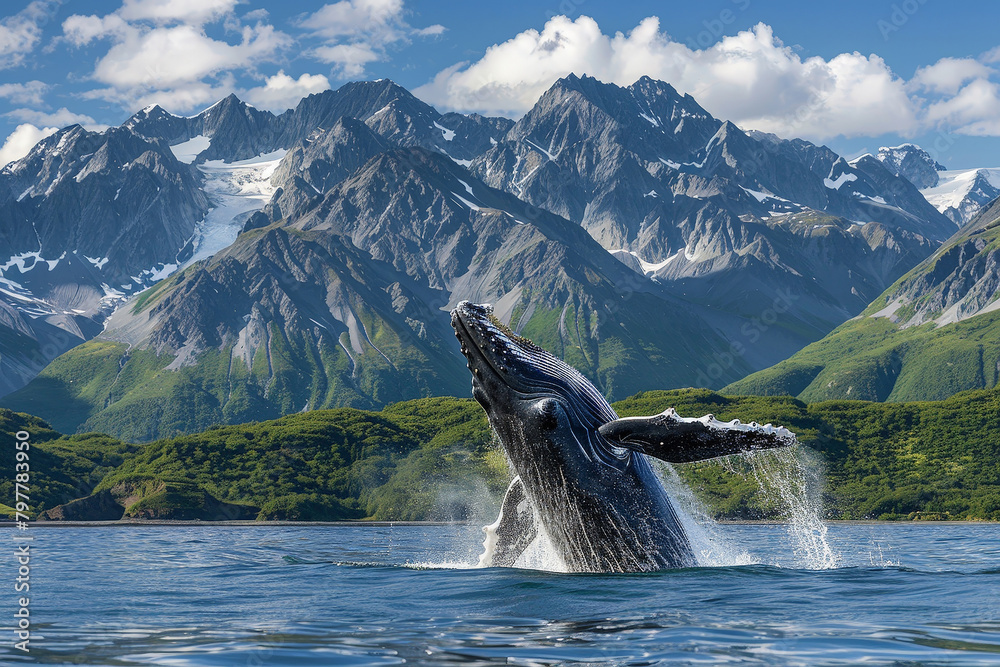 Obraz premium Majestic Whale Breach in Alaskan Waters with Glaciers and Mountains