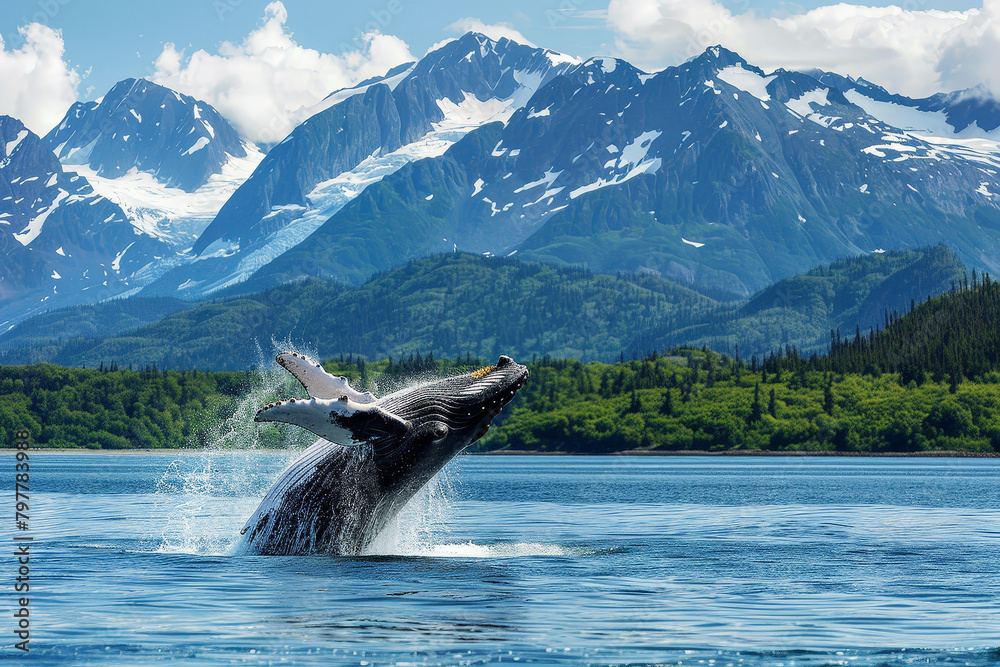 Obraz premium Majestic Whale Breach in Alaskan Waters with Glaciers and Mountains