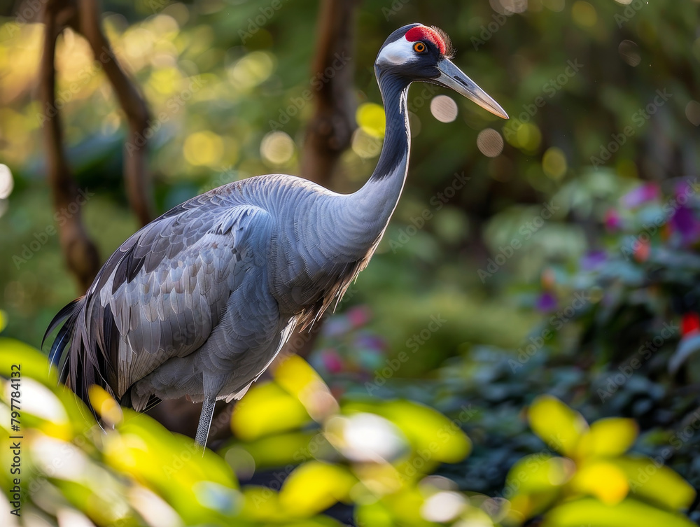 Grey crane stands elegantly among vibrant green foliage in a garden.