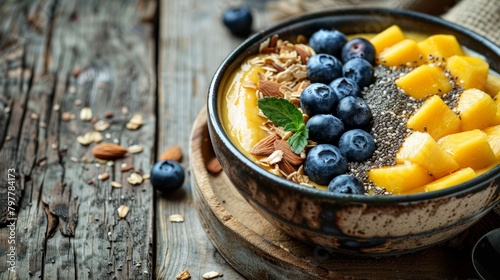 Mango smoothies bowl with blueberries, granola, chia seeds and almonds on wooden background