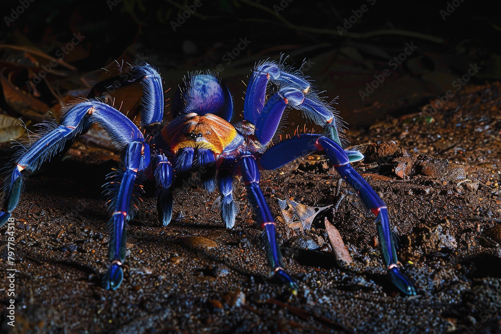 Fototapeta premium Blue Tarantula with Purple Legs and Orange Body in Jungle Night Scene