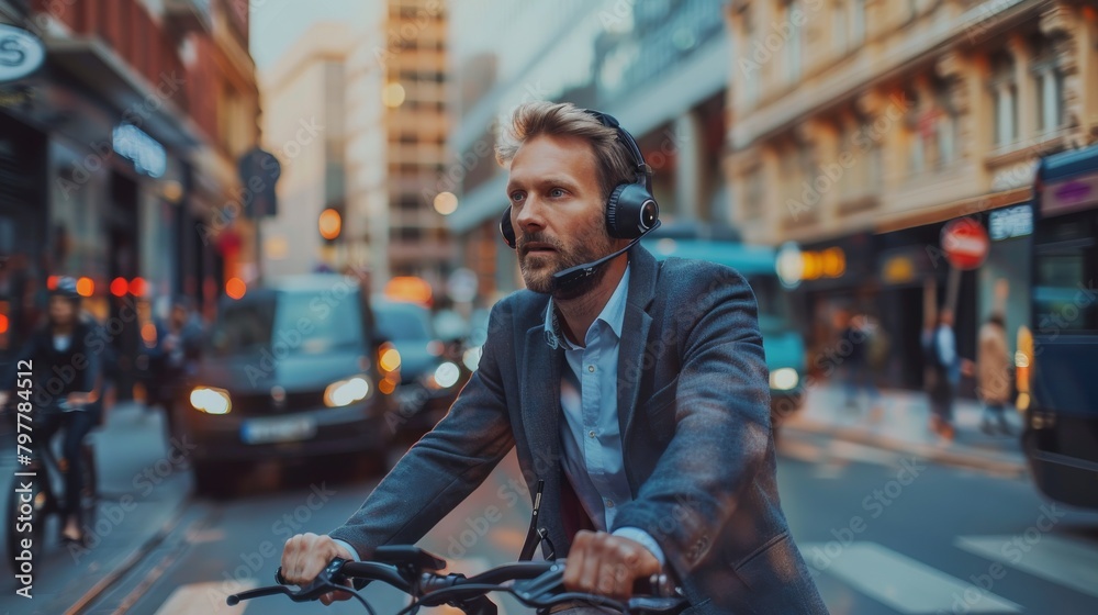 A man wearing a suit and a headset is riding a bicycle in a busy city street A man wearing a suit and a headset is riding a bicycle in a busy city street