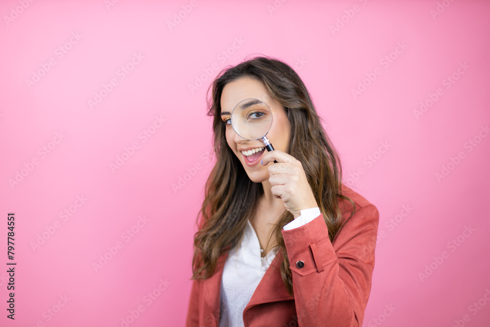 Young beautiful woman wearing casual jacket over isolated pink background surprised looking through a magnifying glass Young beautiful woman wearing casual jacket over isolated pink background surprised looking through a magnifying glass