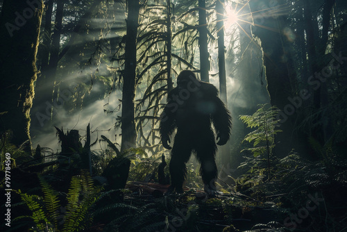 Bigfoot in the forest, mysterious sasquatch photo