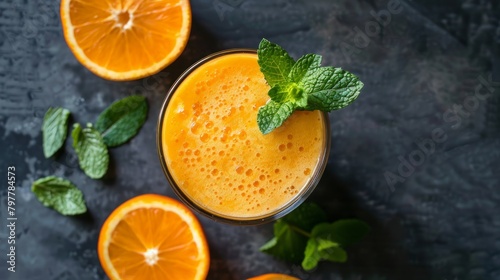 orange smoothie with mint in the glass, top view photo