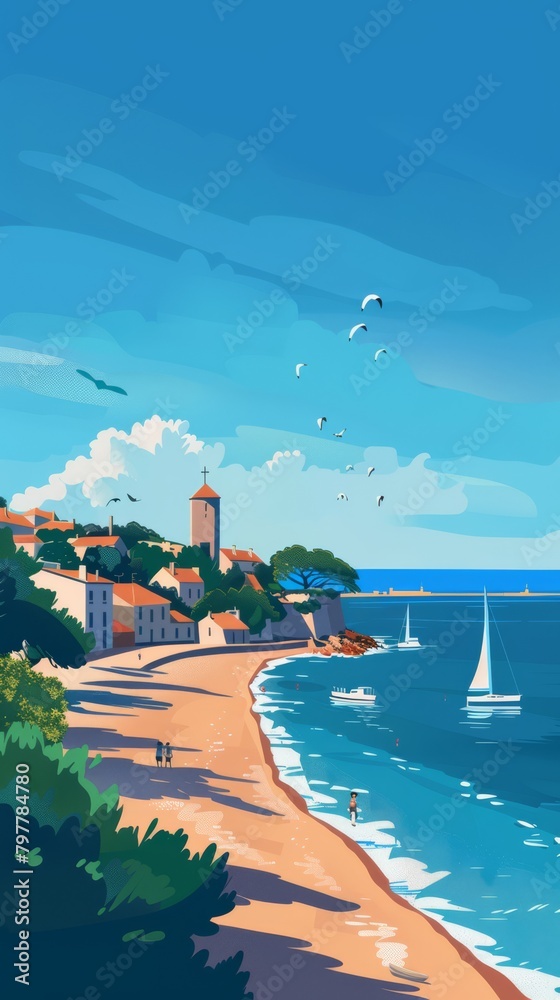 Fototapeta premium Travel poster,Arcachon, France. landscape vector illustration with flat style for poster, card, background, postcard, generated with AI