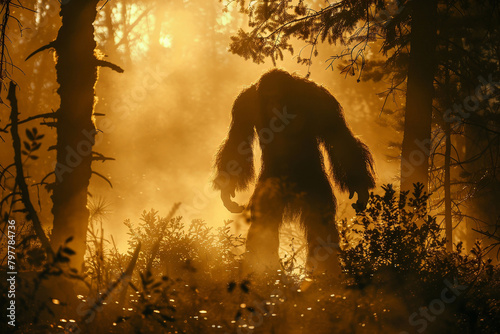 Bigfoot in the forest, mysterious sasquatch photo