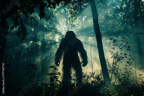Bigfoot in the forest, mysterious sasquatch