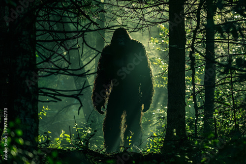 Bigfoot in the forest, mysterious sasquatch