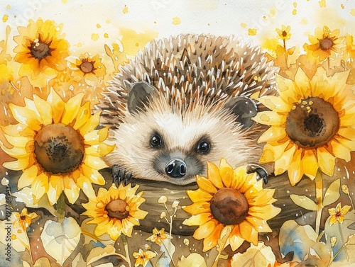 Bright pastel watercolor of a delightful hedgehog in a sunflower field, serene nature scene, hand drawn
