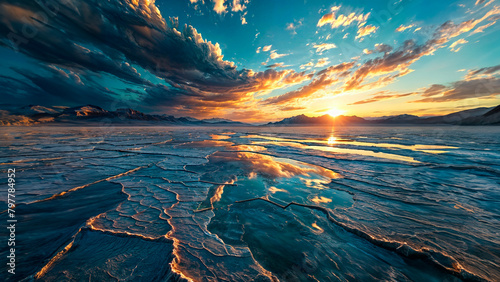 Reflections in the desert salt flat at sunset. Sunrise in the desert. AI generated