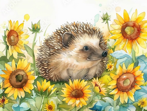 Bright pastel watercolor of a lovely hedgehog in a sunflower field, serene nature scene, hand drawn