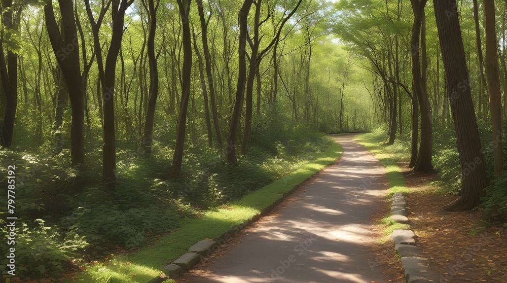 Naklejka premium Tranquil Morning Sunlit Footpath in Deciduous Forest - Nature Walk, Outdoor Recreation, Health and Wellness, Environmental Conservation 
