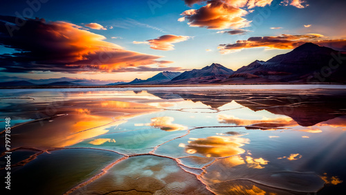 Reflections in the desert salt flat at sunset. Sunrise in the desert. AI generated