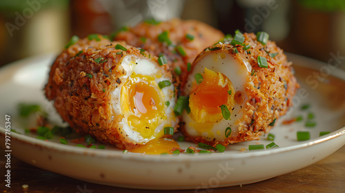 Cozy Pub Delight: Capturing the Charm of Scotch Egg, Cozy Backdrop, Inviting Ambiance, Savory Delight, Cinematic, Food Photography