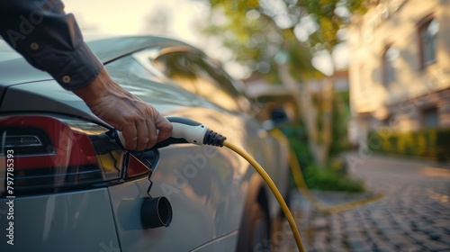 A man is plugging in a car. The car is charging and the man is holding the plug