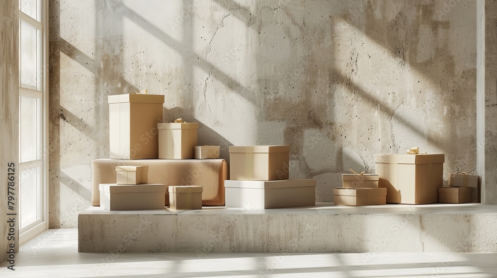 A room with a lot of cardboard boxes stacked up against a wall A room with a lot of cardboard boxes stacked up against a wall