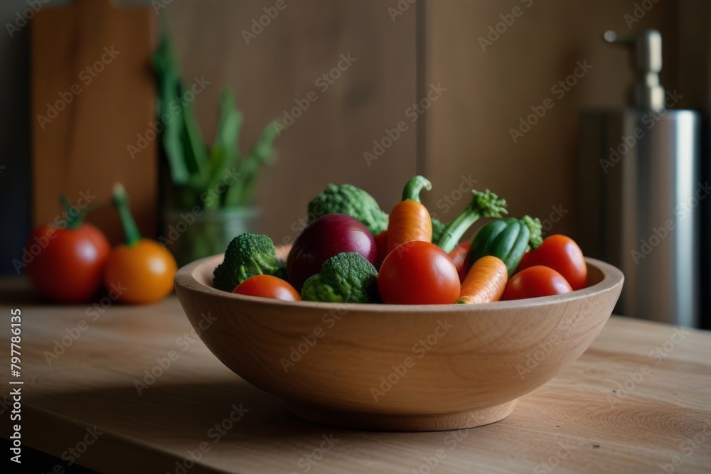 Witness a cornucopia of fresh vegetables in a wooden bowl resting on a kitchen counter, exuding the wholesome essence of homegrown and organic produce. Witness a cornucopia of fresh vegetables in a wooden bowl resting on a kitchen counter, exuding the wholesome essence of homegrown and organic produce.