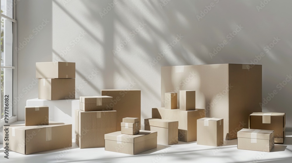 A bunch of cardboard boxes are stacked on top of each other