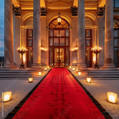 Elegant red carpet setup outside a historic venue for a luxury fashion show  classical architecture