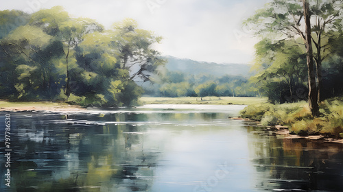 Tranquil Riverside Scenery, Impressionist Forest Landscape, Peaceful Reflection © photalinka