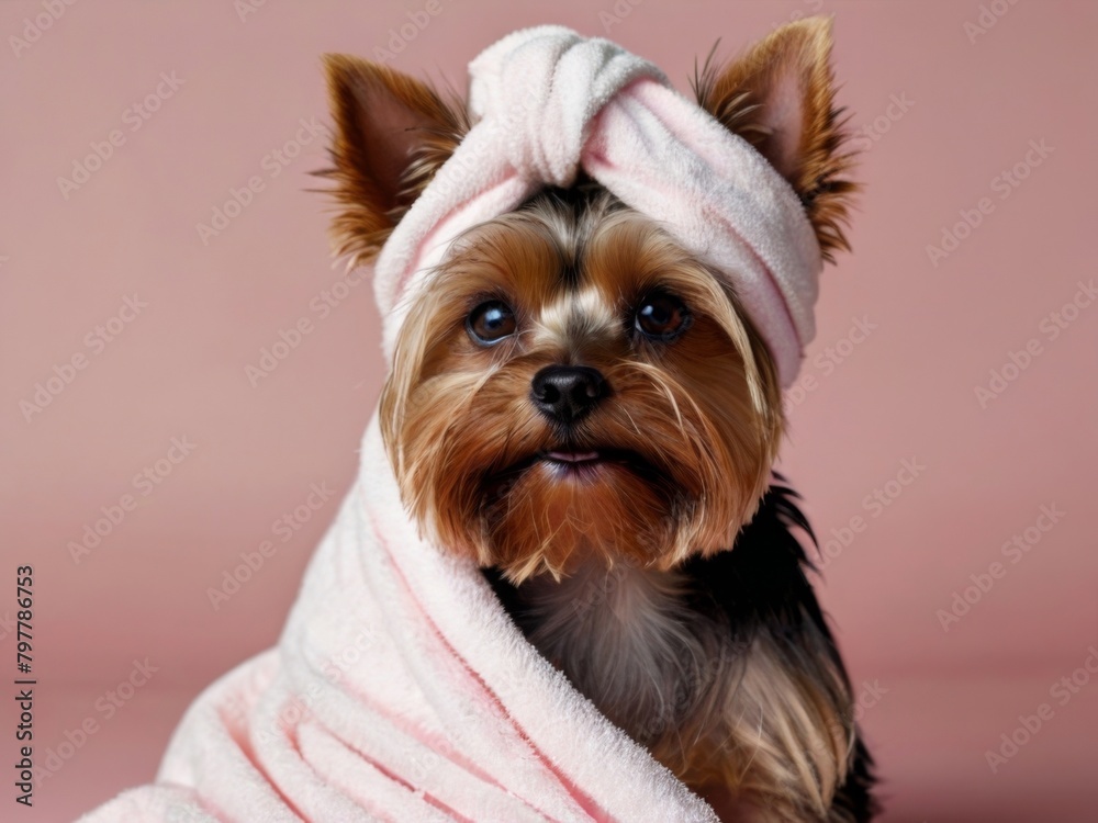 Yorkshire Terrier, looking into the camera with a white towel turban on its head, sits on a pink towel against a pink background Yorkshire Terrier, looking into the camera with a white towel turban on its head, sits on a pink towel against a pink background