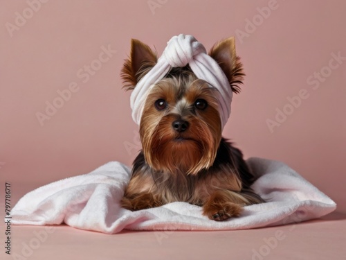 Yorkshire Terrier, looking into the camera with a white towel turban on its head, lies on a white towel against a pink background