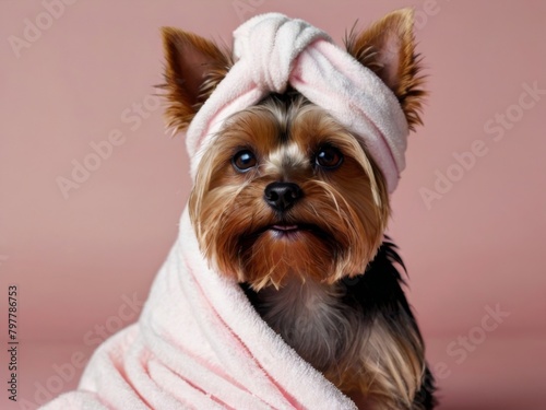 Yorkshire Terrier, looking into the camera with a white towel turban on its head, sits on a pink towel against a pink background
