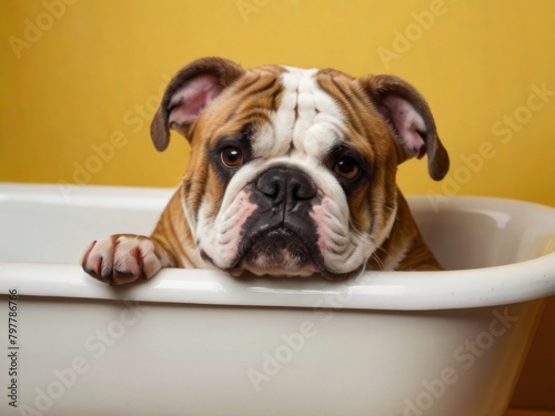 Satisfied English bulldog lies in a mini bathtub on a yellow background © Julia D