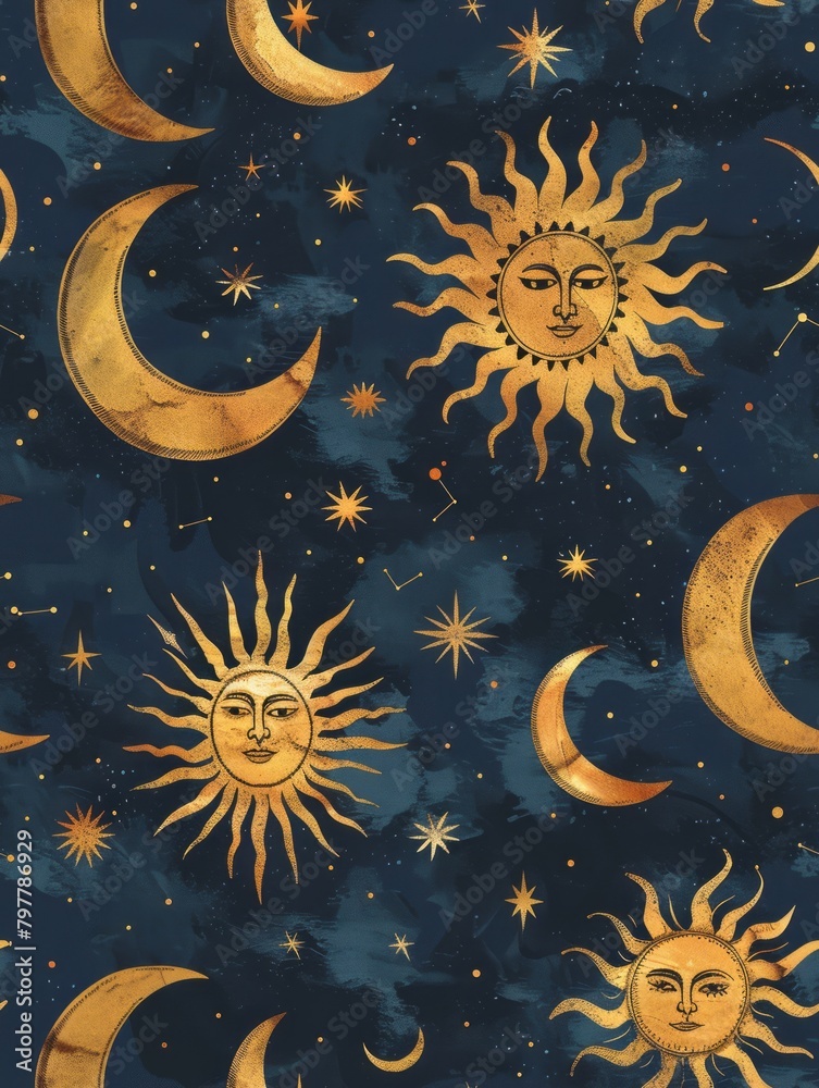 Seamless Navy Blue Background with Hand-drawn Gold Stars, Moons, and Suns Illustration Seamless Navy Blue Background with Hand-drawn Gold Stars, Moons, and Suns Illustration