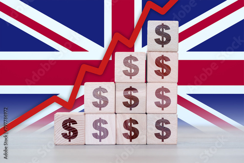 United Kingdom economic collapse, increasing values with cubes, financial decline, crisis and downgrade concept
