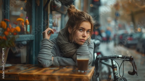 A woman sits at a table with a cup of coffee in front of her