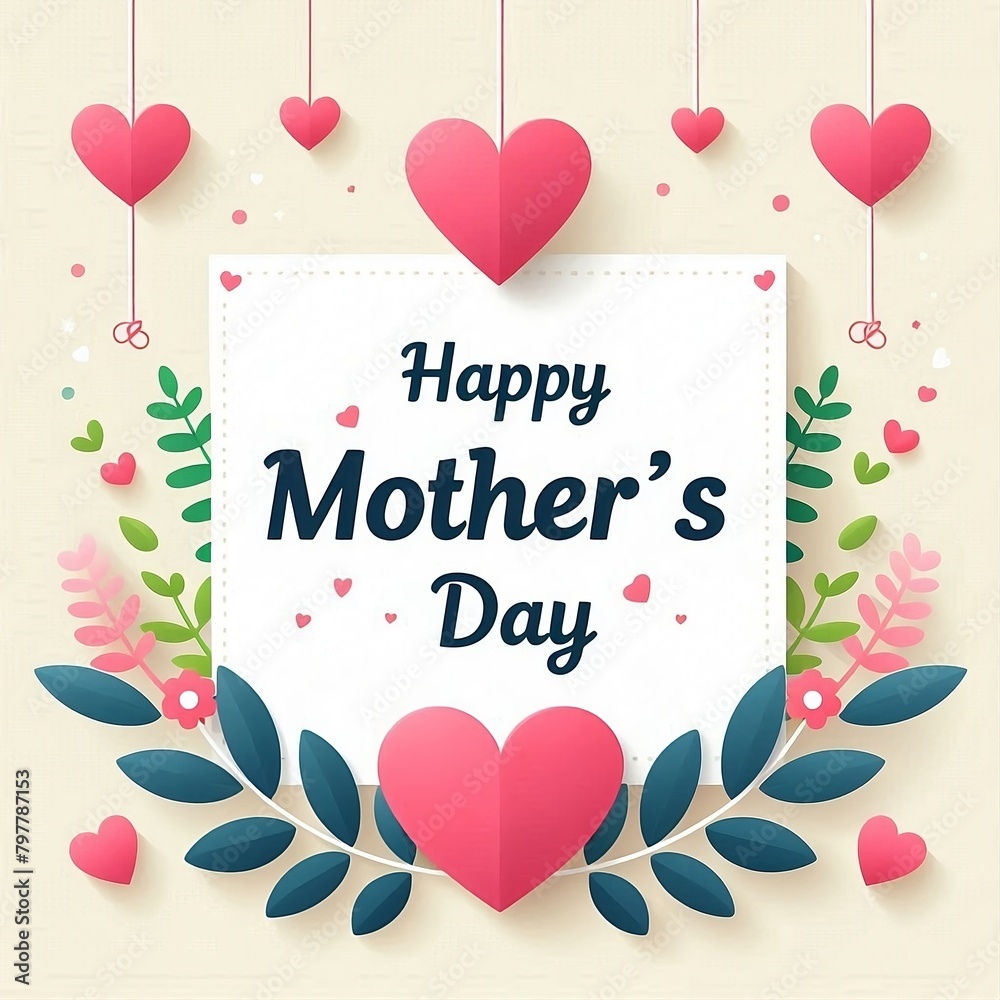 Happy Mothers Day message with small hearts hanging vector style illustration with space for copy on isolated background for social media post created with generative ai	