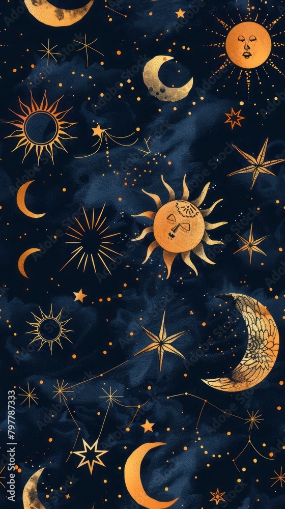 Seamless Navy Blue Background with Hand-drawn Gold Stars, Moons, and Suns Illustration