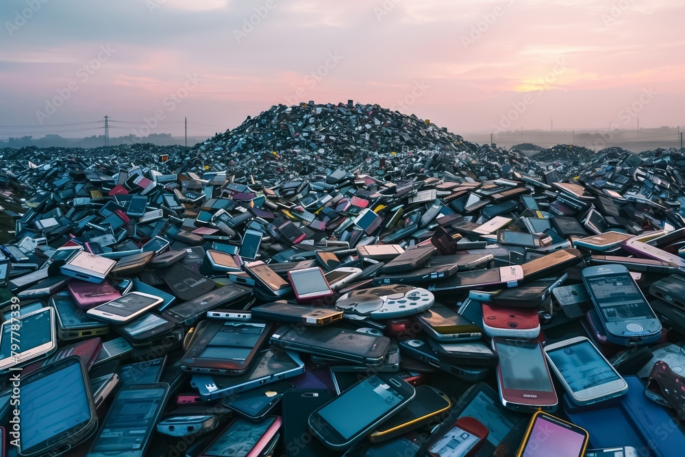 Fototapeta premium A colossal pile of discarded electronics forms a mountain of e-waste under the fading light of a setting sun, highlighting the environmental impact of consumerism.