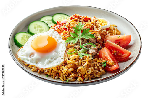 A plate showcasing a colorful mix of rice, tomatoes, cucumbers, and a perfectly cooked egg