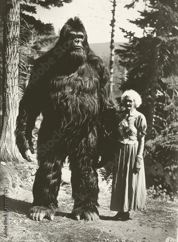Photo of a woman and Bigfoot in the past, classic black and white photo, taken with a black and white film camera