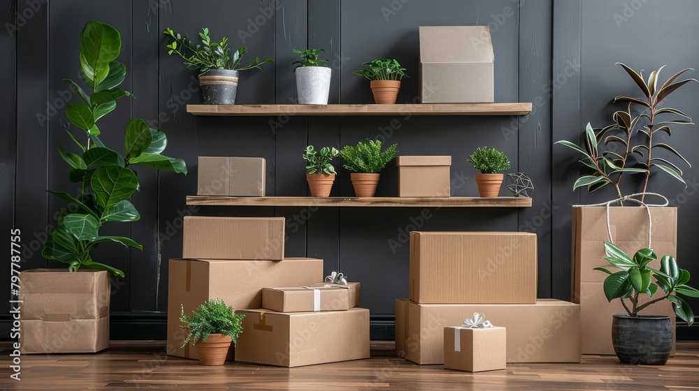 A room with a lot of boxes and plants A room with a lot of boxes and plants