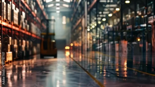 An elusive forklift moves through a warehouse corridor bathed in warm, hazy light, adding a dynamic element to the quiet, static environment. Placement of goods in the warehouse. Logistics chain photo