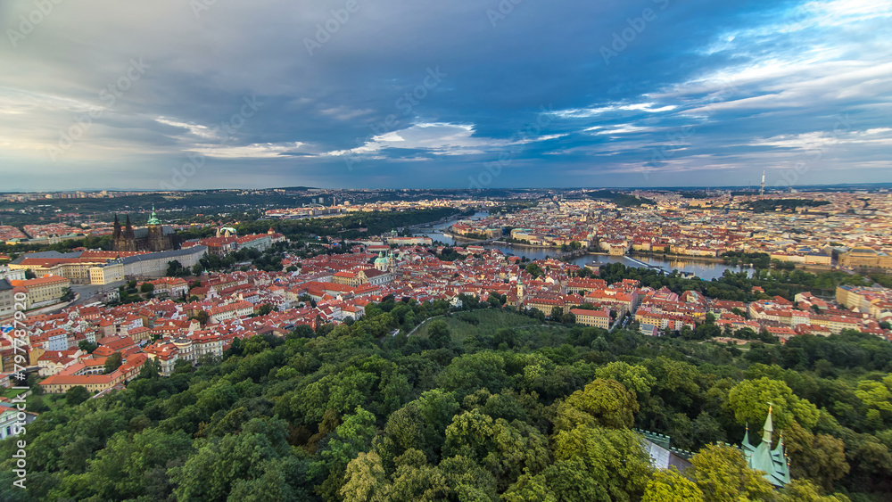 Fototapeta premium Wonderful timelapse View To The City Of Prague From Petrin Observation Tower In Czech Republic