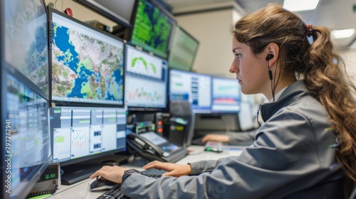 A woman with a headset working at a multi-monitor workstation, possibly in a control center or operations room with various maps and data on screens.
