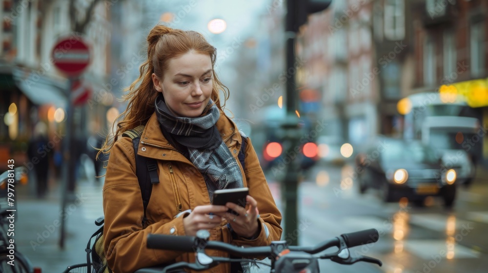 A woman is riding a bike and looking at her phone A woman is riding a bike and looking at her phone