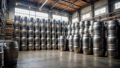 Warehouse with large iron beer barrels. Generative AI