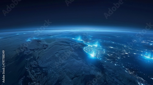 A nighttime satellite view of Earth showing illuminated city lights against the dark backdrop of landmasses and oceans with a visible atmospheric glow.